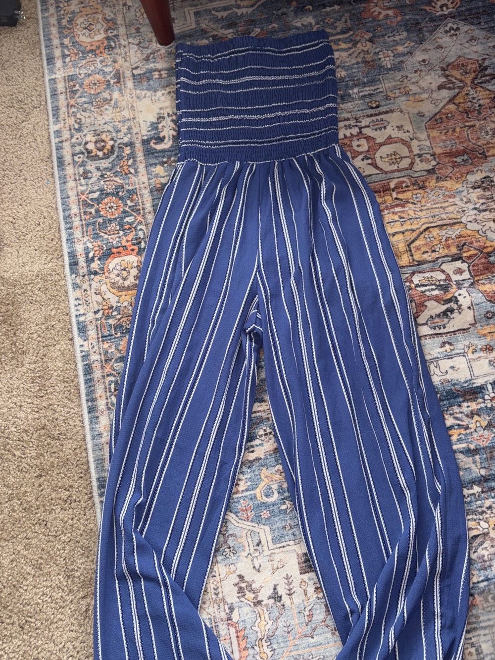 Mlle Gabrielle Blue Strapless Smocked Wide-Leg Jumpsuit with White Stripes